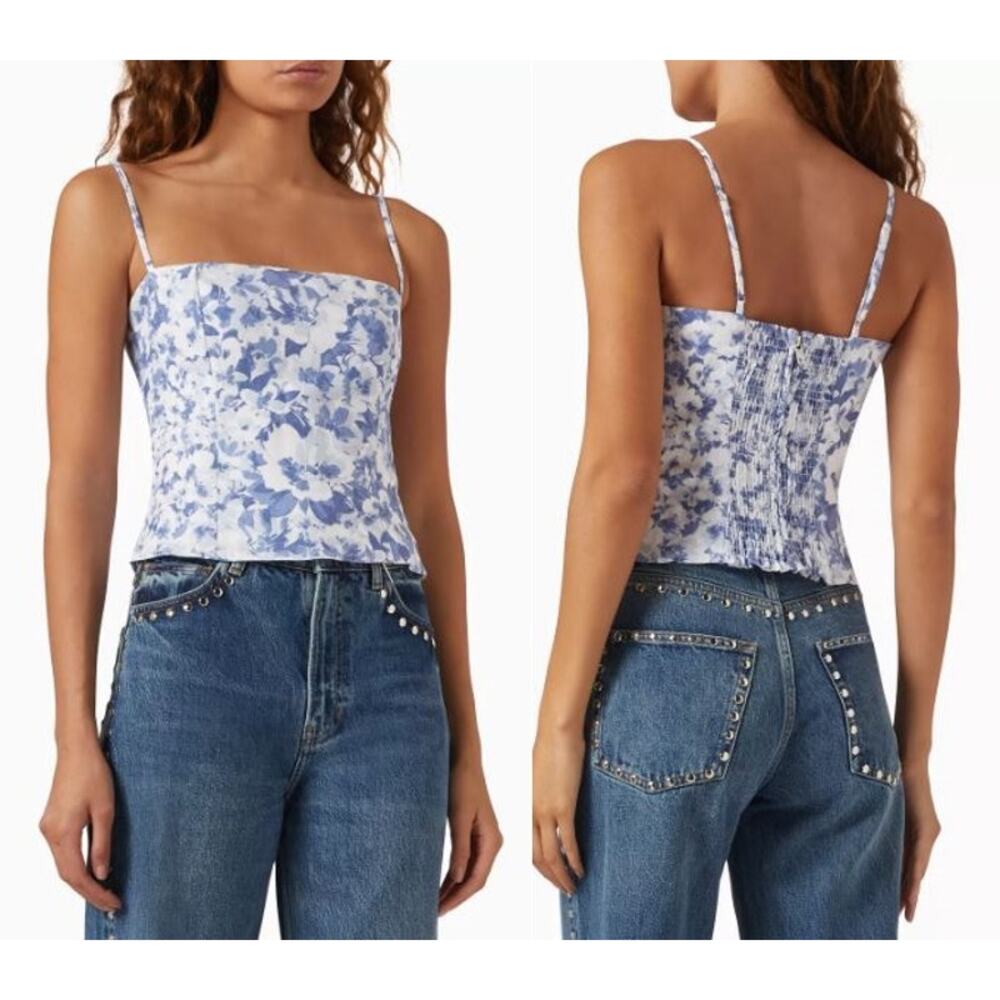 NEW Reformation Overland Floral Print Linen Top Bandeau Neck Larkspur Size 12